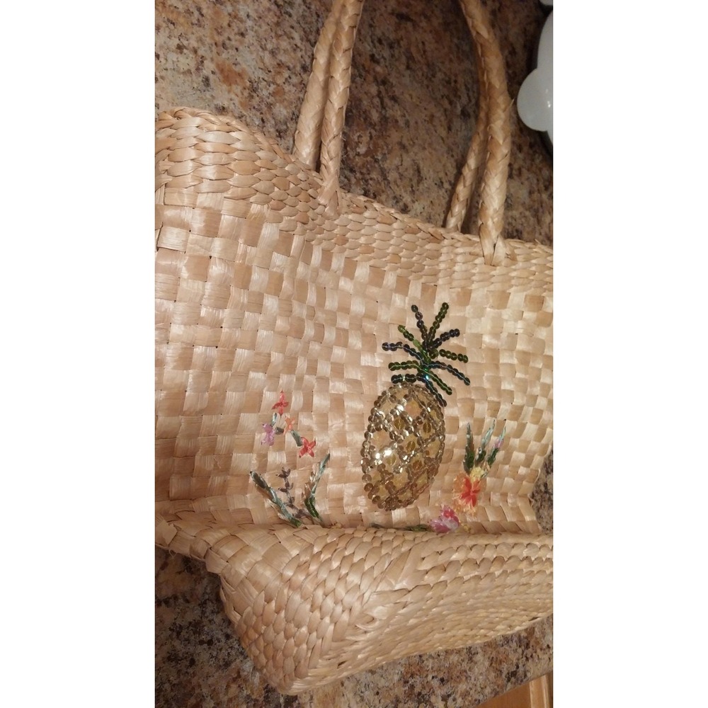 Vintage straw purse with sequin pineapple handbag